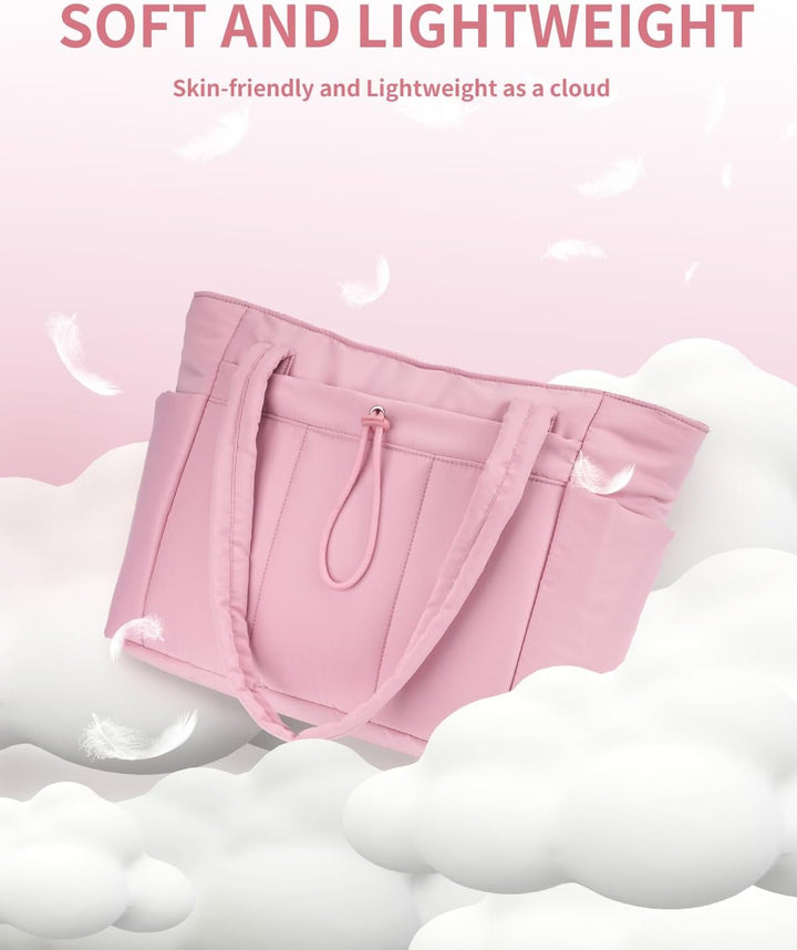 Women's elegant padded bag, perfect for business or travel, with laptop sleeve and cup holder.