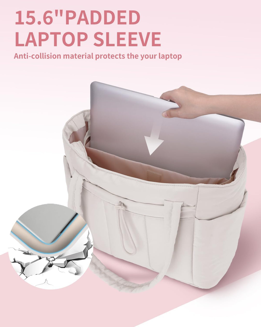 Modern commuter tote for women, padded laptop compartment, integrated cup holder & durable design.