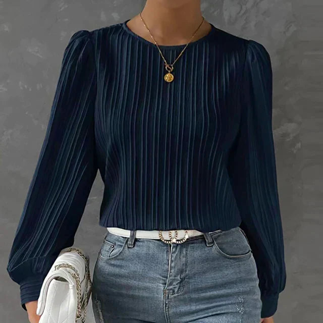 Women's stylish pleated long sleeve sweater top, perfect for elegant and versatile autumn fashion.