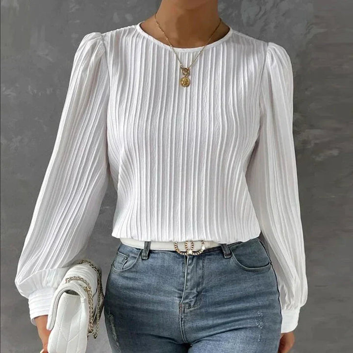 Comfortable women's knit sweater top with elegant pleated long sleeves for a casual chic and versatile look.