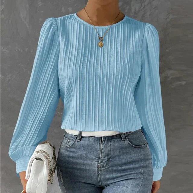 Elegant women's long sleeve pleated sweater blouse, ideal for stylish workwear or comfortable everyday fashion.