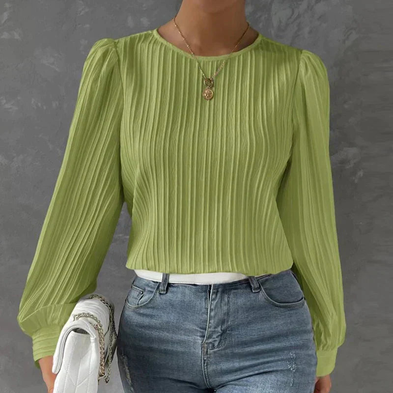Versatile women's pleated long sleeve sweater top, offering casual chic style and comfortable everyday elegance.