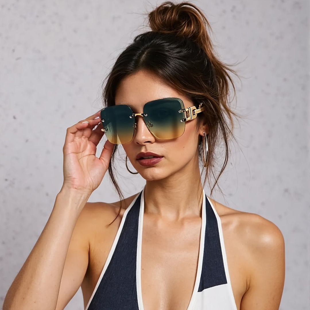 Designer-inspired women's square sunglasses with a trendy chain link temple and rimless design.