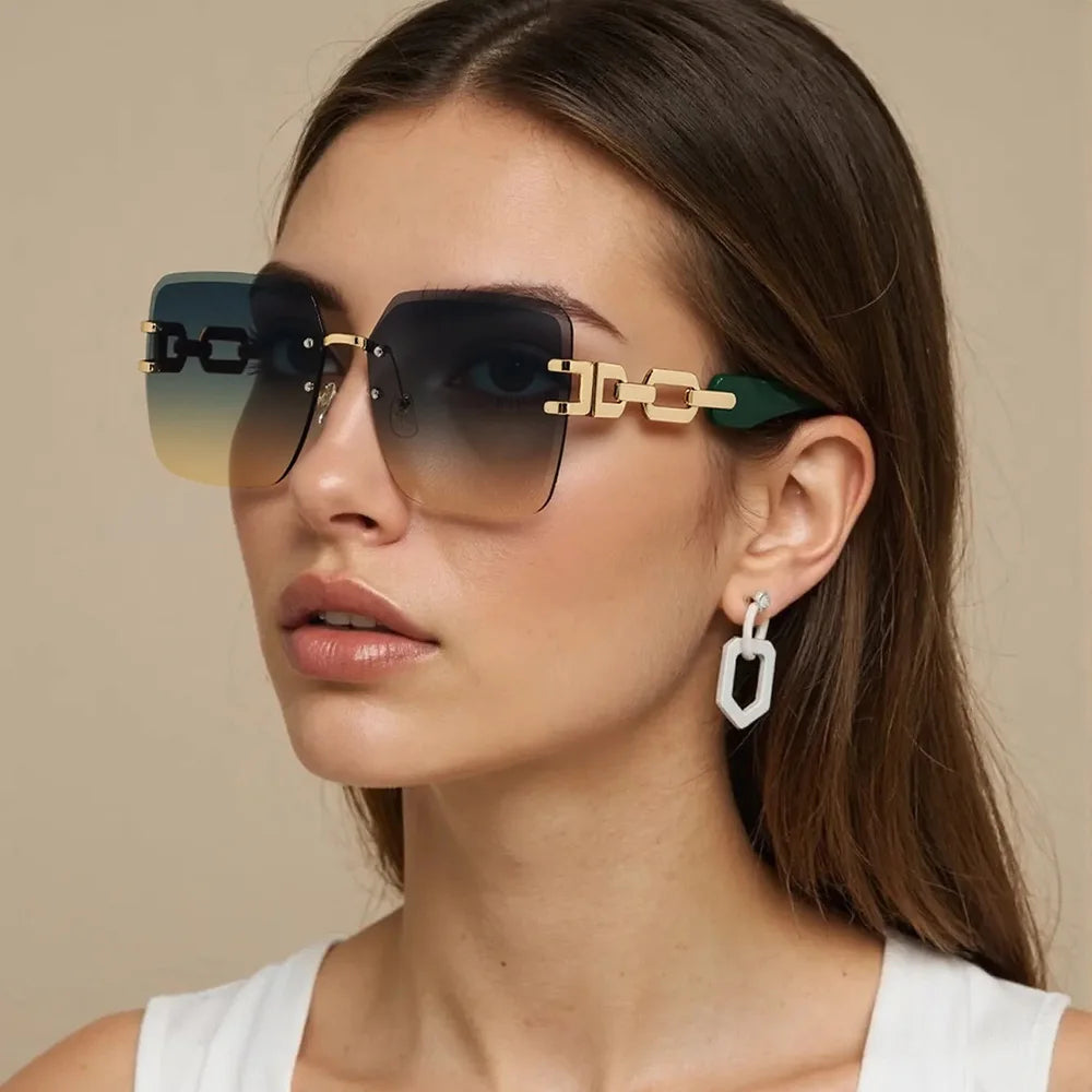 Premium UV400 women's rimless square sunglasses, an essential fashion accessory with chain links.
