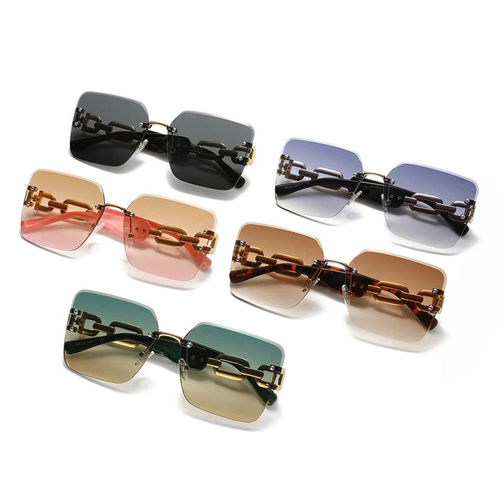 Chic women's accessory: rimless square sunglasses with a unique chain link design. UV400 protection.