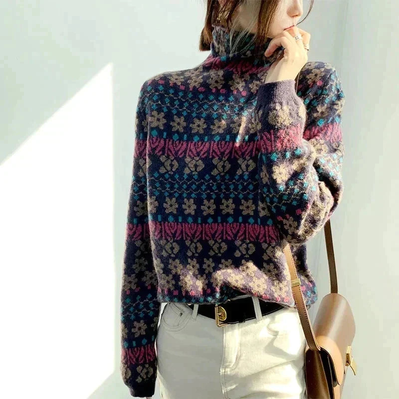 Stylish women's roll neck sweater, a chic long sleeve knit. Elegant & warm top for winter fashion & casual comfort.