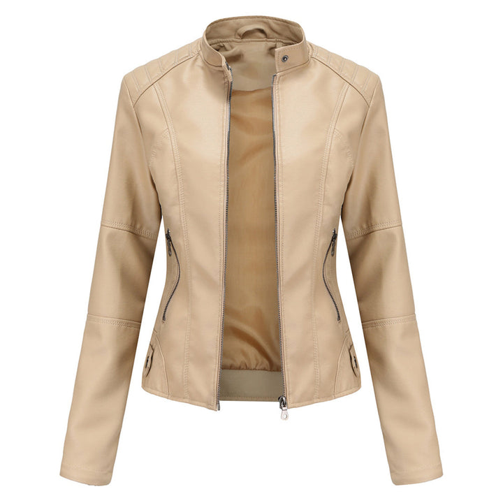 Woman wearing a stylish Romy leather jacket, showcasing its modern design and flattering fit.