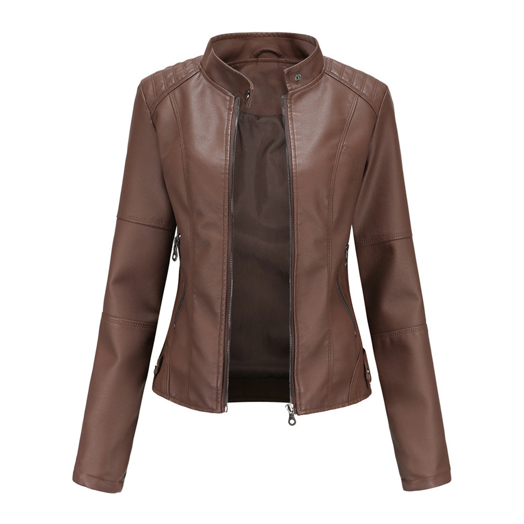 Close-up of the Romy women's leather jacket, highlighting its soft texture and quality craftsmanship.