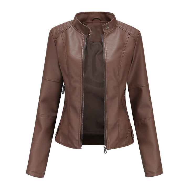 Close-up of the Romy women's leather jacket, highlighting its soft texture and quality craftsmanship.