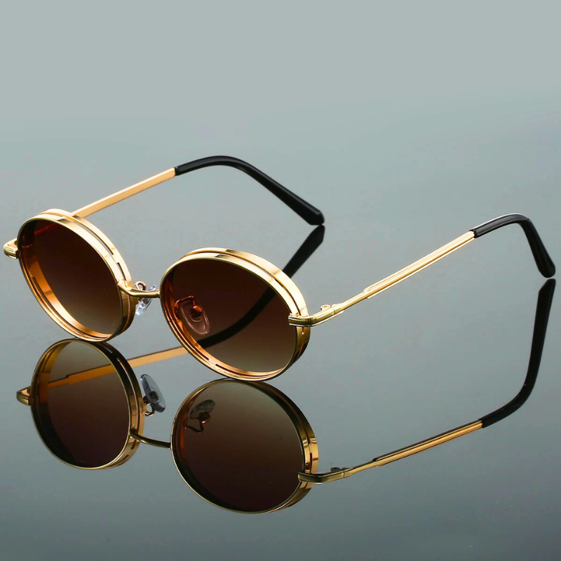 Brown round UV400 women's sunglasses, a fashionable accessory providing excellent eye protection.