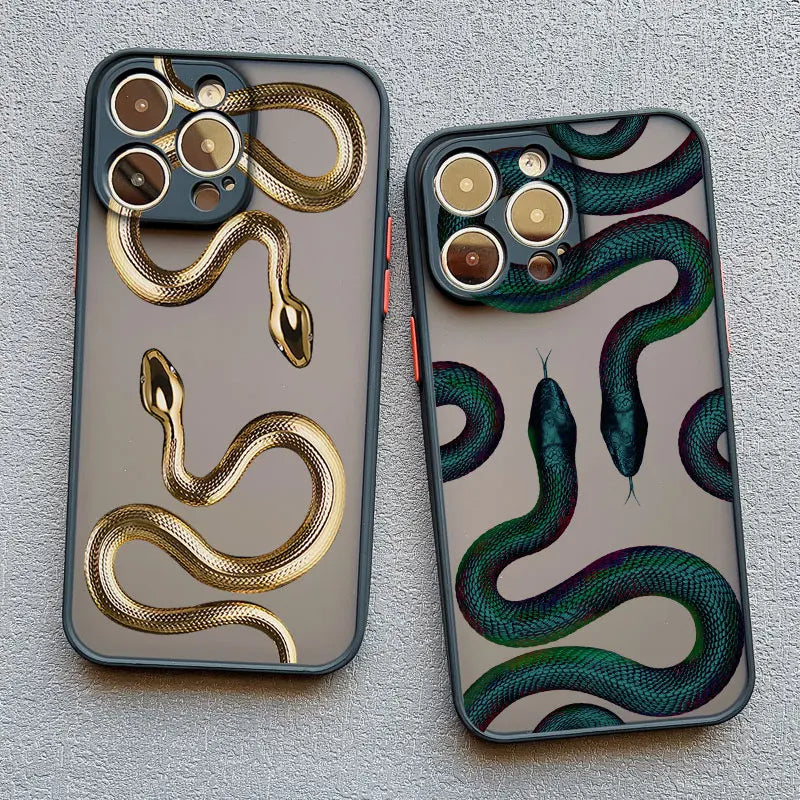 Women's stylish serpent motif iPhone case offers durable and luxurious protection for your tech accessory.
