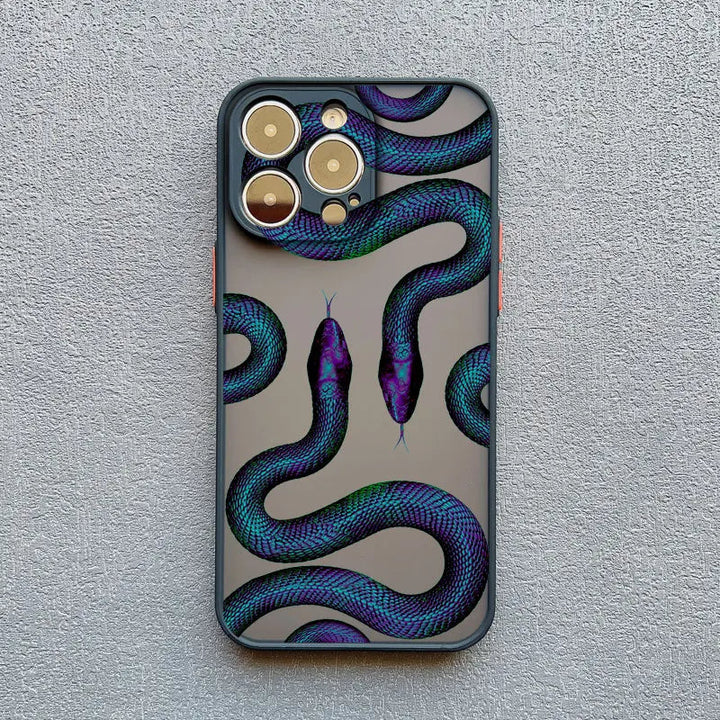 Elegant metallic serpent motif iPhone case, a stylish and protective luxury accessory for women's phones.