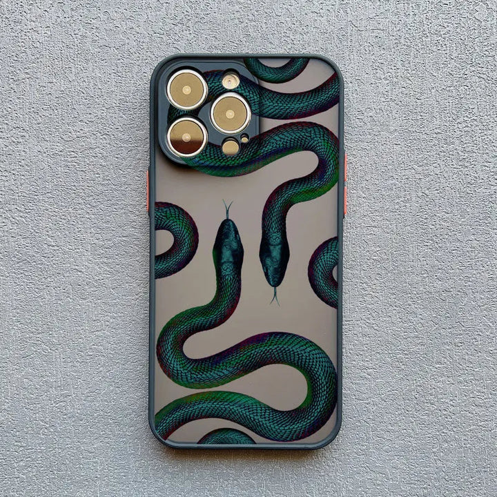 Women's stylish and protective iPhone case, featuring a durable design with a metallic serpent motif.