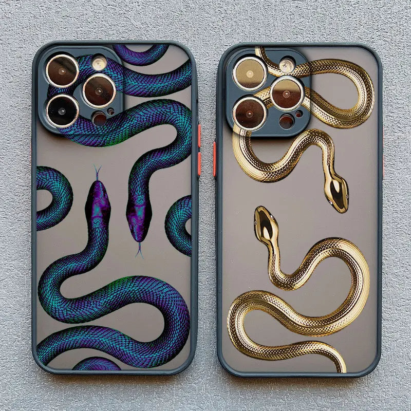Protective women's iPhone case with a unique metallic serpent motif, a durable and stylish tech accessory.