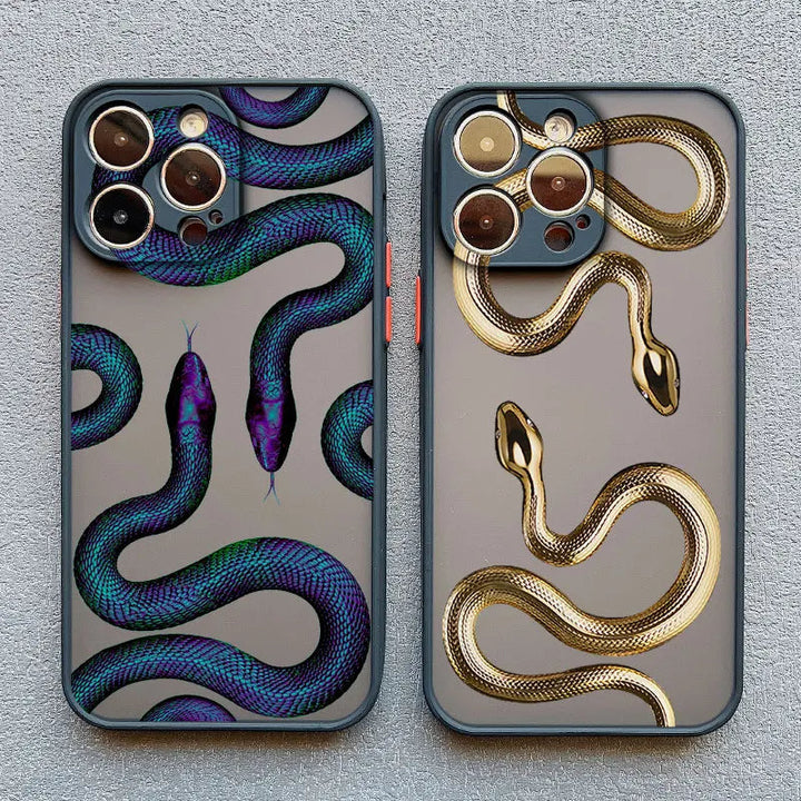 Protective women's iPhone case with a unique metallic serpent motif, a durable and stylish tech accessory.