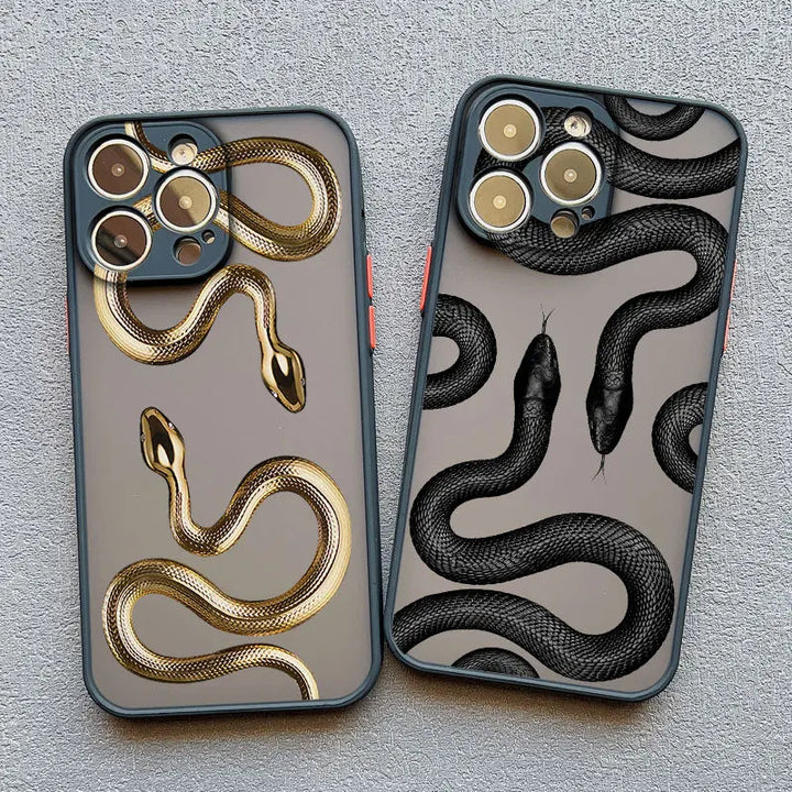 Luxury serpent motif iPhone case for women, a stylish and protective phone accessory with a metallic finish.
