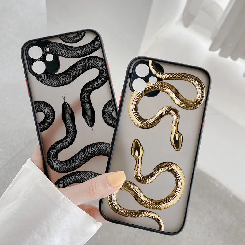 Durable women's iPhone case featuring a striking metallic serpent design, ensuring stylish tech protection.