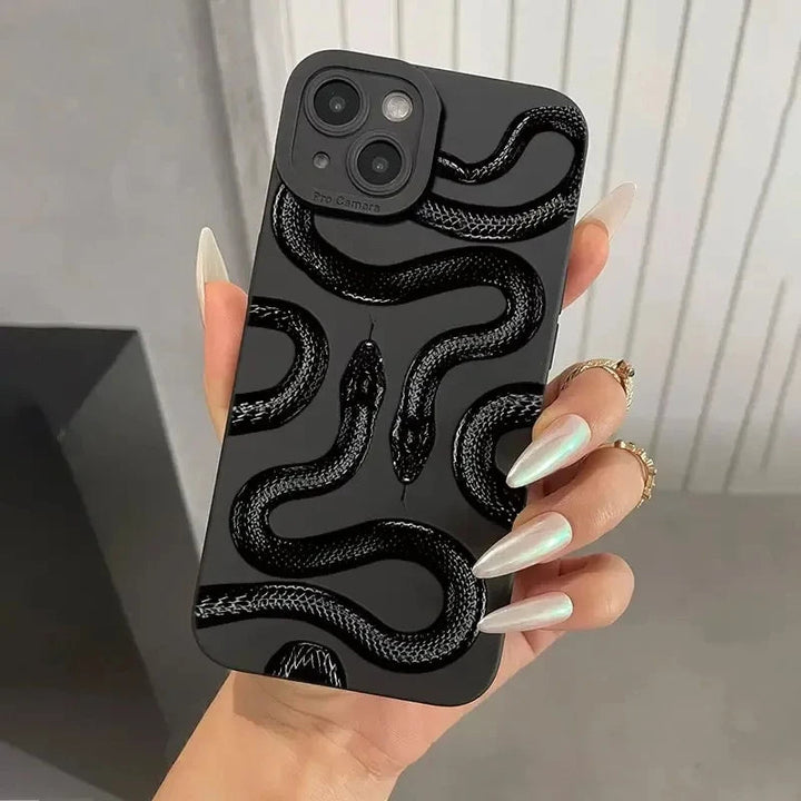 Luxury women's iPhone case, featuring a metallic serpent motif for stylish and protective phone accessory.