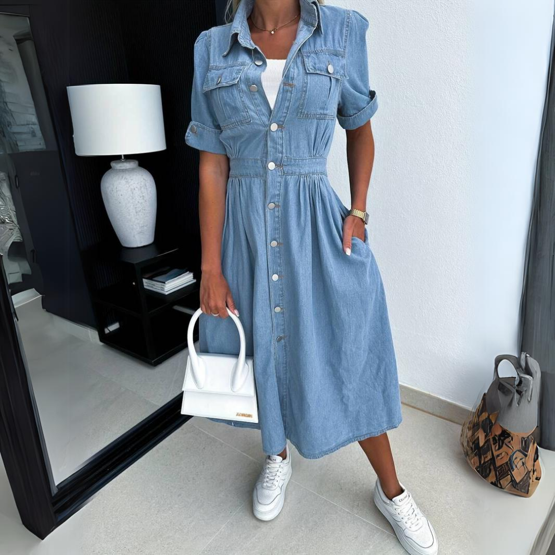 Women's stylish short sleeve denim shirt dress, perfect for casual spring/summer fashion.