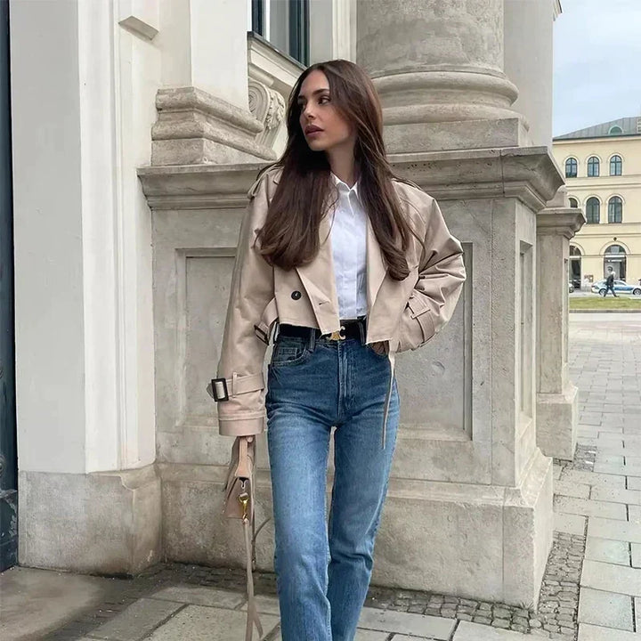 Women's stylish short trench coat with belt, perfect for spring & fall fashion.