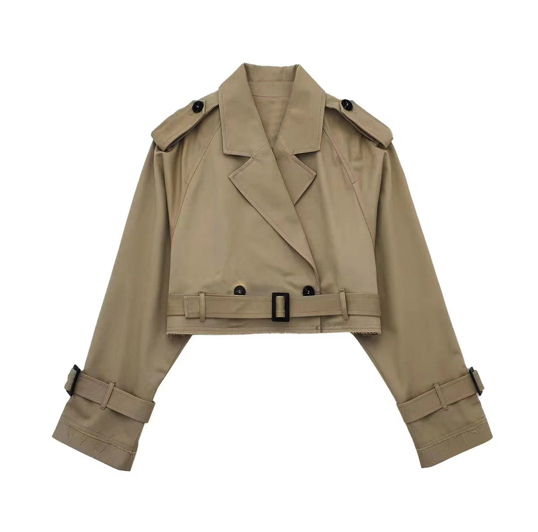 Casual chic women's short trench coat with belt, versatile fall/spring jacket for ladies.