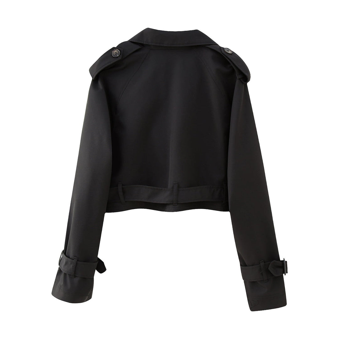 Modern women's short belted trench jacket, combining style and comfort for daily wear.