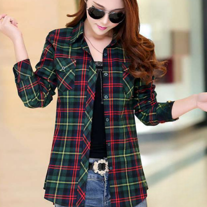 Women's stylish Sienna checked blouse, long sleeve button-down top, perfect for versatile wear.