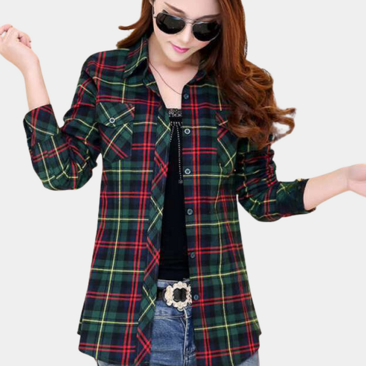 Fashionable women's checked blouse with Sienna pattern, ideal for casual or business outfits.