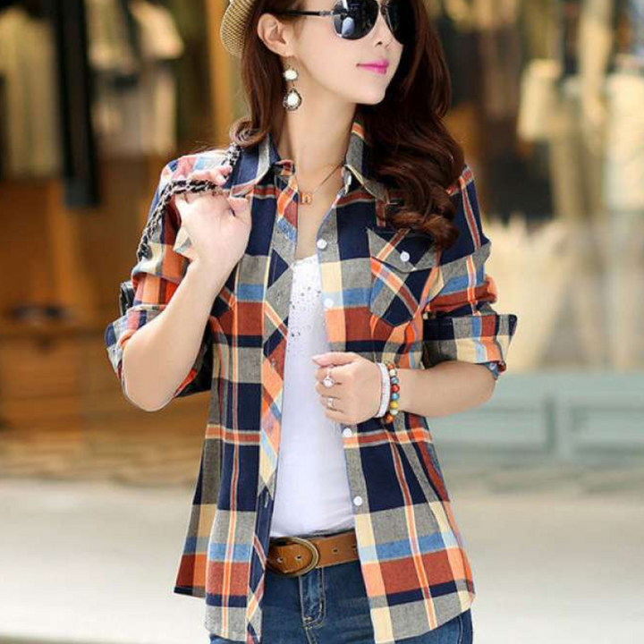 Women's long-sleeve Sienna checked blouse, button-down top, a versatile fashion piece for office or leisure.