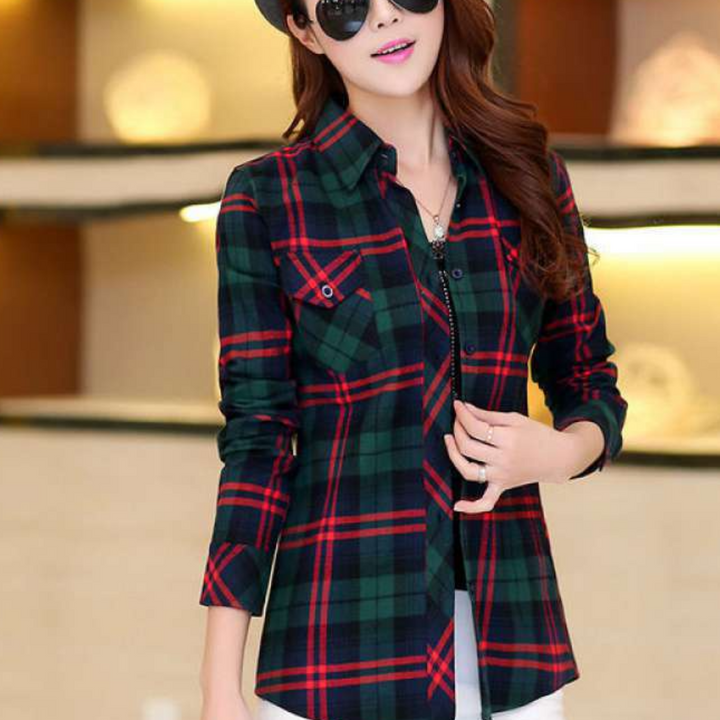 Elegant women's Sienna checked blouse, a versatile long-sleeve top for modern casual or business fashion.