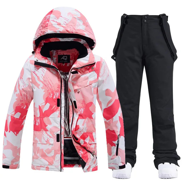 Front view of a women's performance ski suit, ready for active winter snow sports.