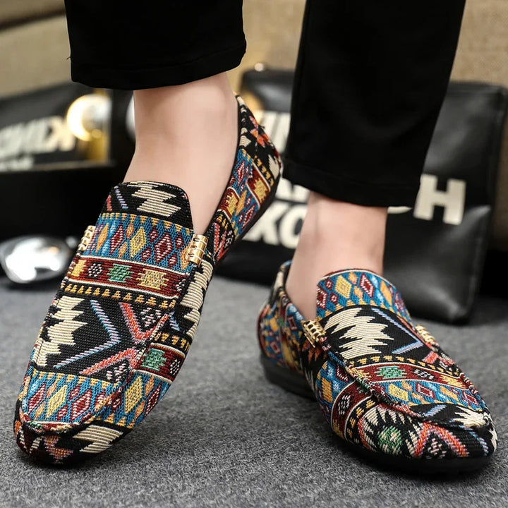 Women's casual slip-on loafers with a colorful Aztec design, ideal for comfortable daily wear.