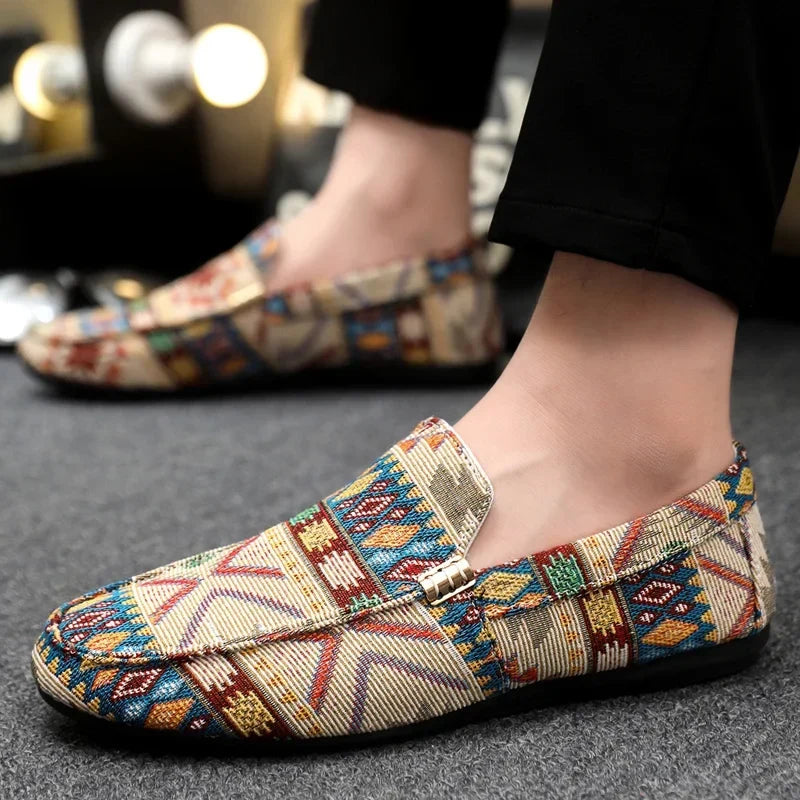 Stylish women's footwear: slip-on loafers with eye-catching Aztec pattern, perfect for casual outings.