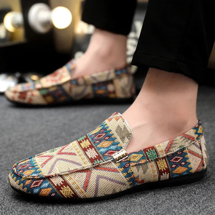 Stylish women's footwear: slip-on loafers with eye-catching Aztec pattern, perfect for casual outings.