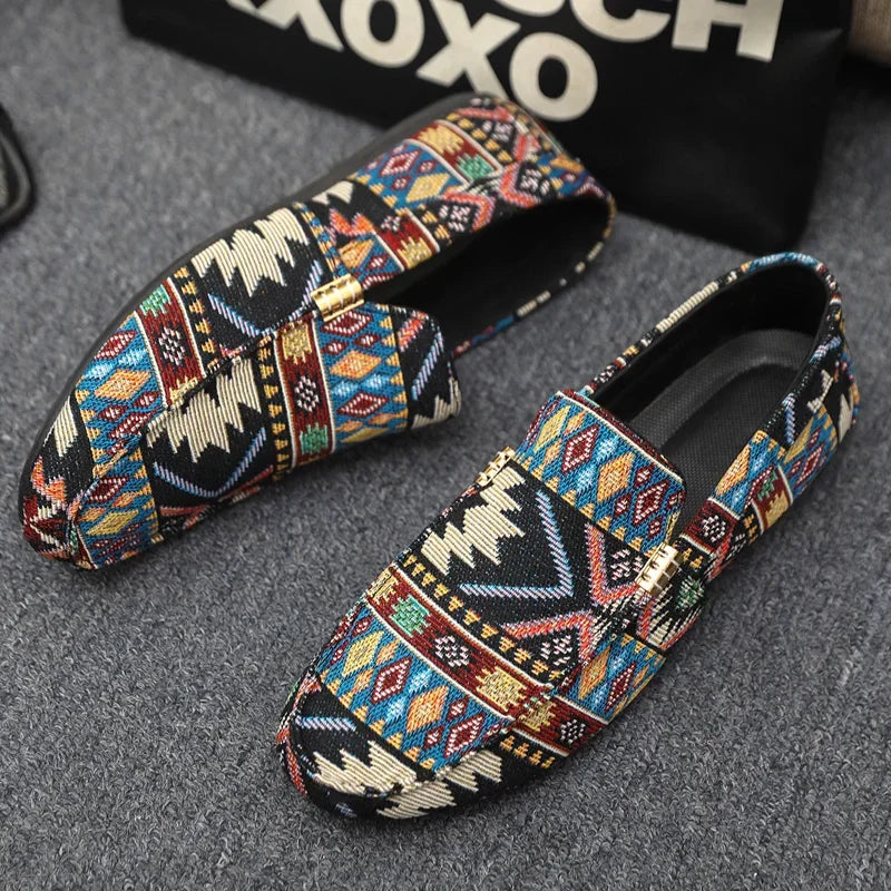 Fashionable women's loafers with a striking Aztec pattern, perfect slip-on shoes for summer.