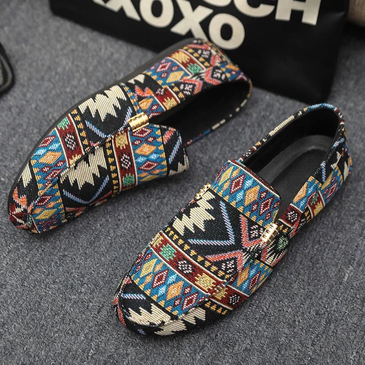 Fashionable women's loafers with a striking Aztec pattern, perfect slip-on shoes for summer.