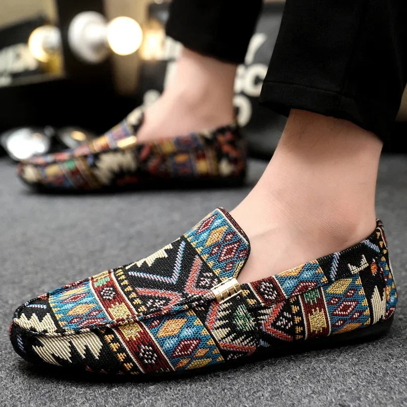 Stylish Aztec pattern slip-on loafers for women, comfortable and versatile casual footwear.