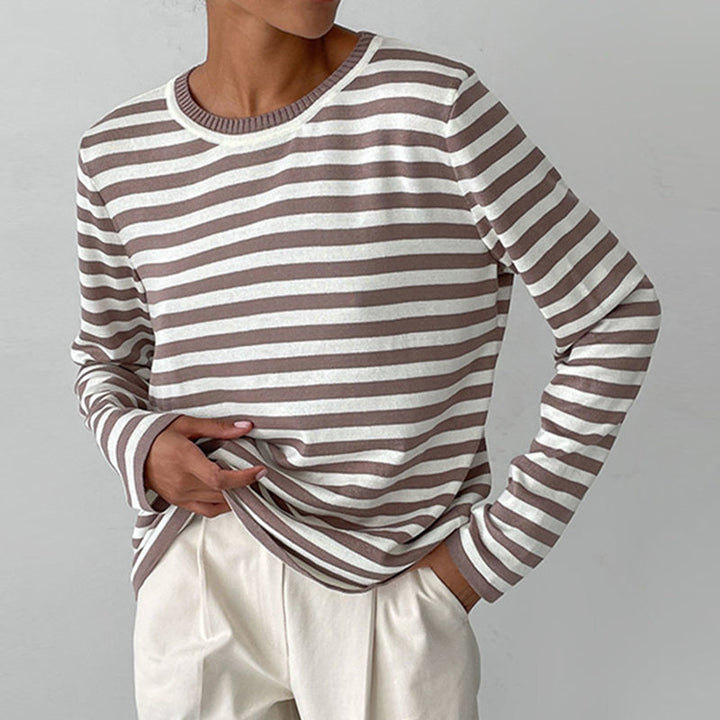 Chic striped long-sleeve women's top. Comfortable & versatile round neck tee for daily wear.