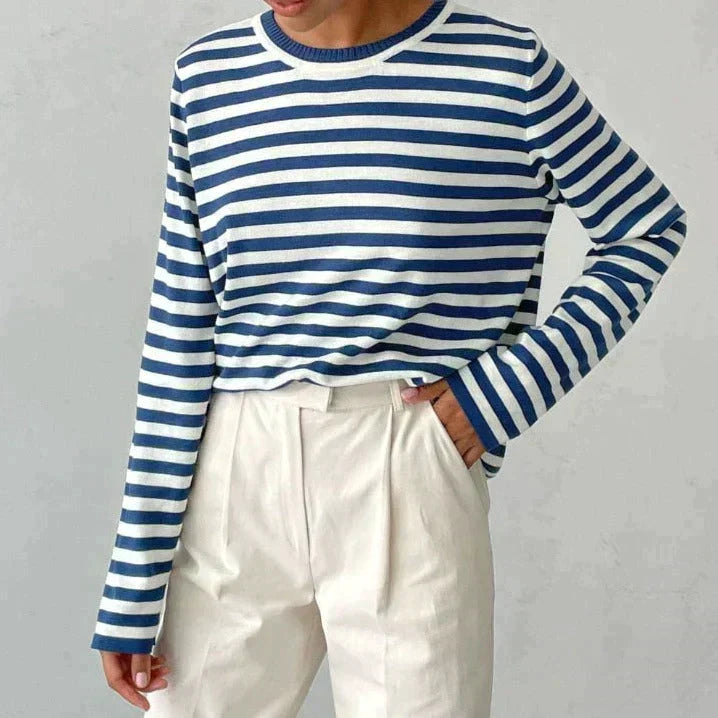 Women's round neck striped long-sleeve shirt. Essential for casual chic & versatile styling.