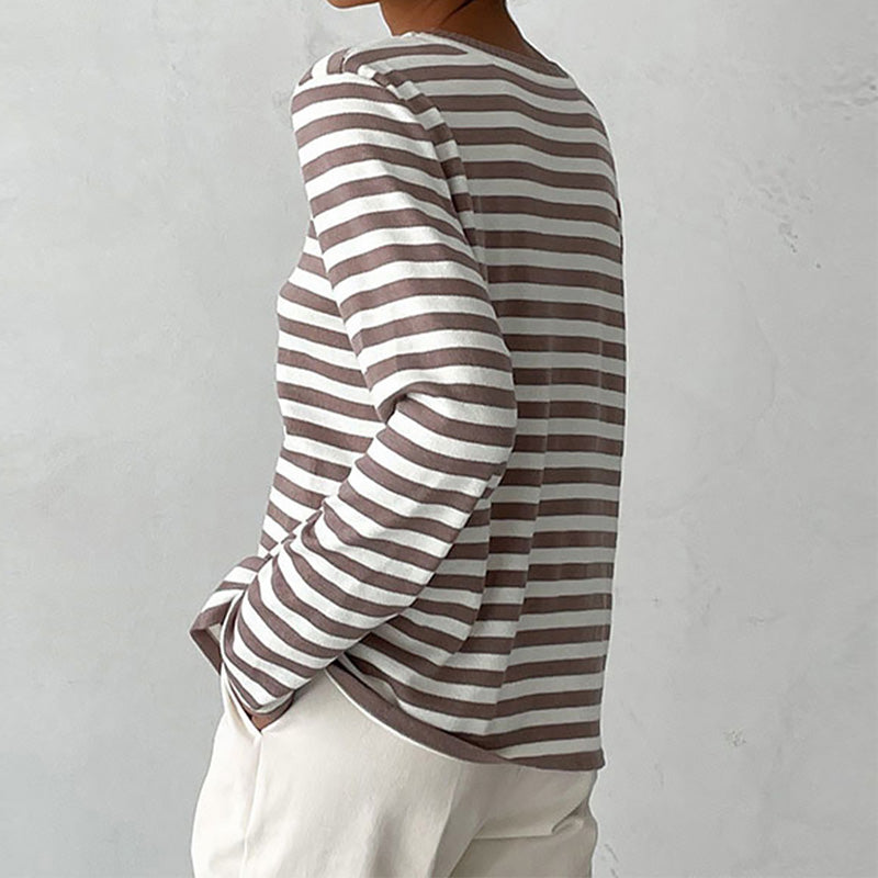 Classic striped long-sleeve T-shirt for women. A stylish & comfortable casual wear essential.