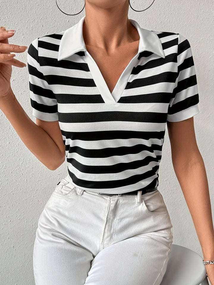 Classic striped short sleeve t-shirt for women, a comfortable and stylish choice for casual summer outfits.