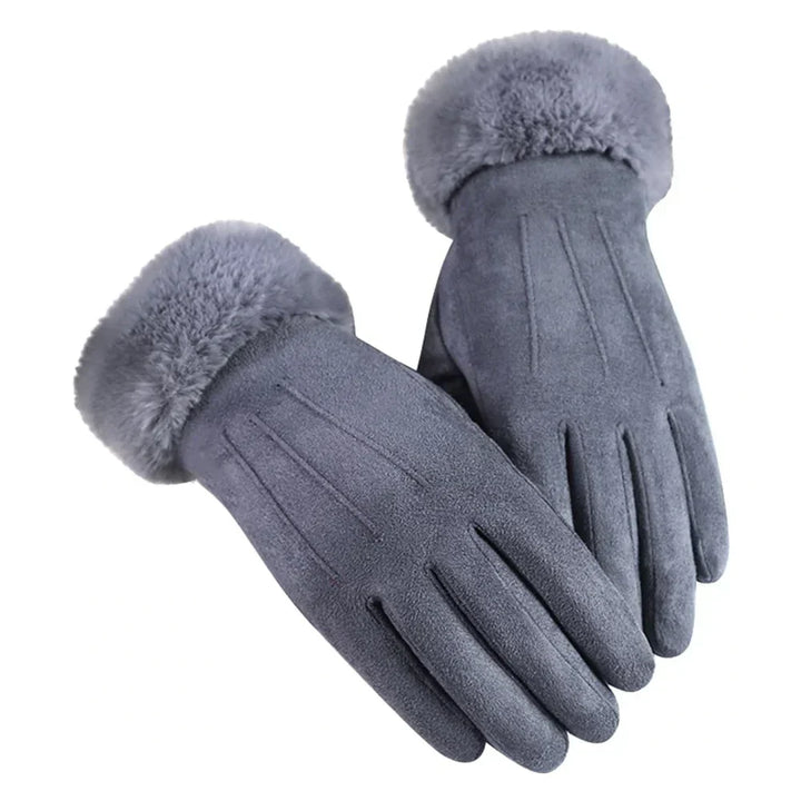 Trendy women's faux suede gloves with warm lining & touchscreen fingers, perfect for winter fashion.