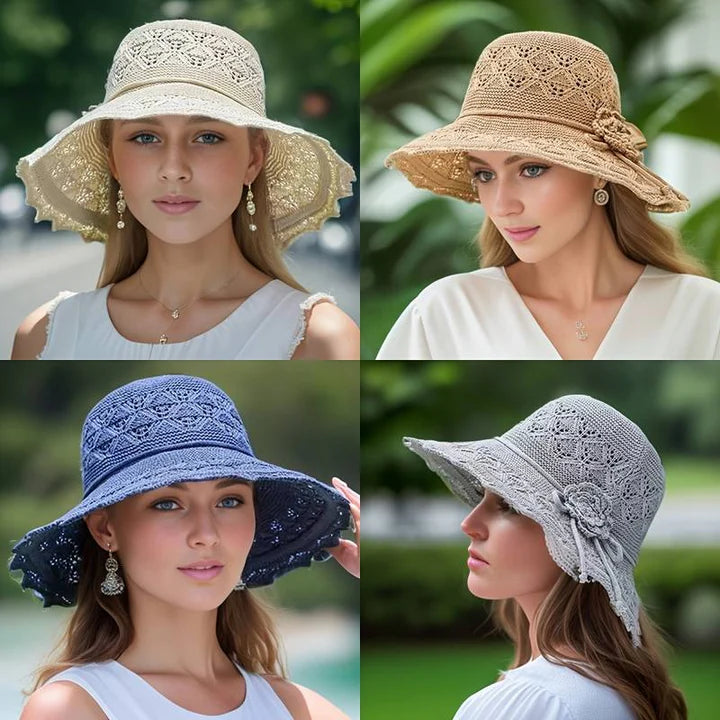 Fashionable women's summer hat with decorative lace trim, a stylish accessory for sunny days.