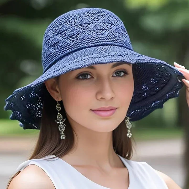 Versatile women's sun hat with lace accents, suitable for outdoor events and summer style.