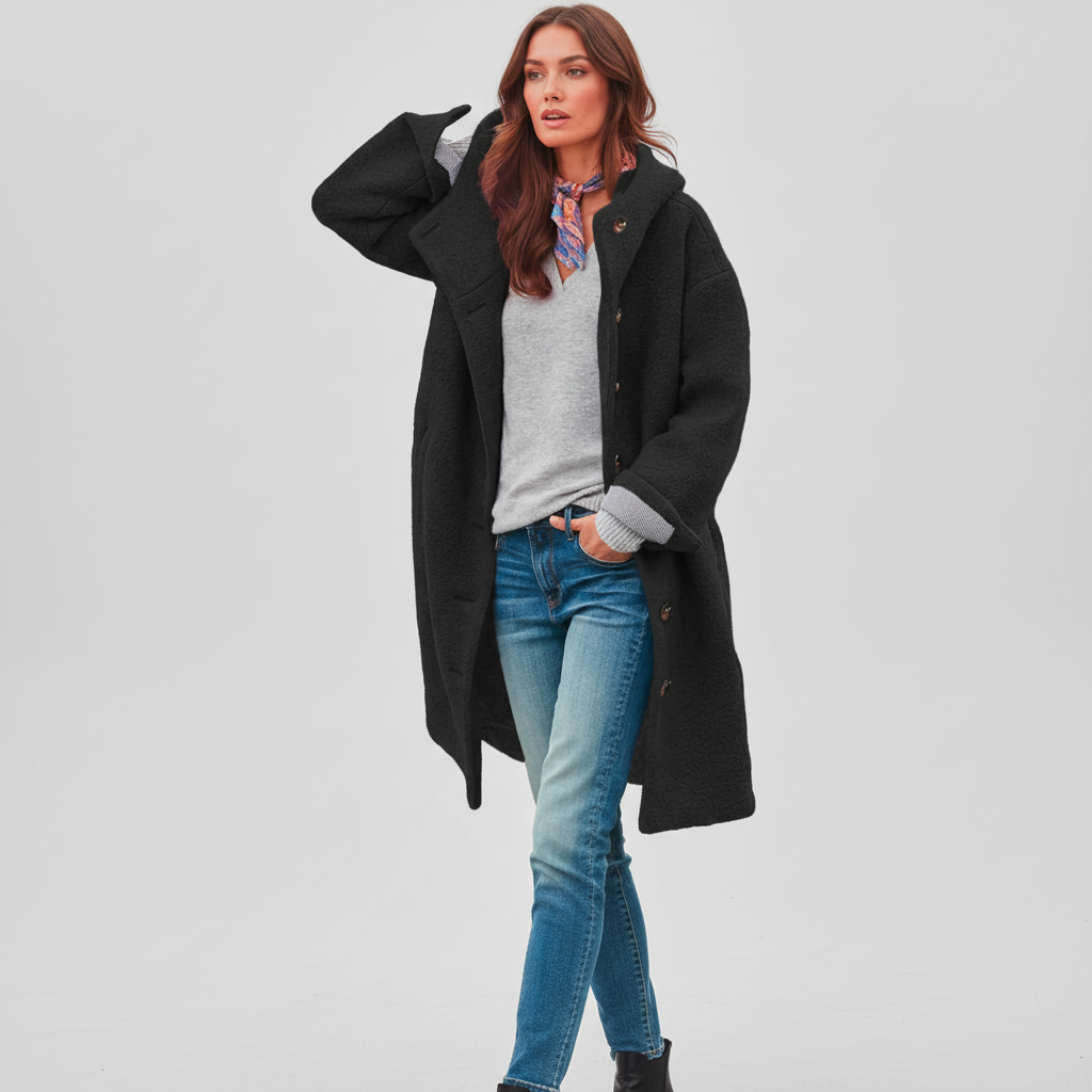 Detail of the zipper and pockets on a women's warm windproof winter parka jacket