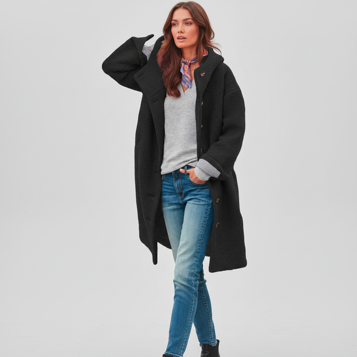 Detail of the zipper and pockets on a women's warm windproof winter parka jacket