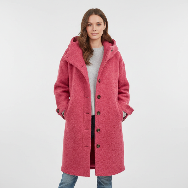 Elegant women's winter parka jacket, warm outerwear for cold weather, displayed on a hanger
