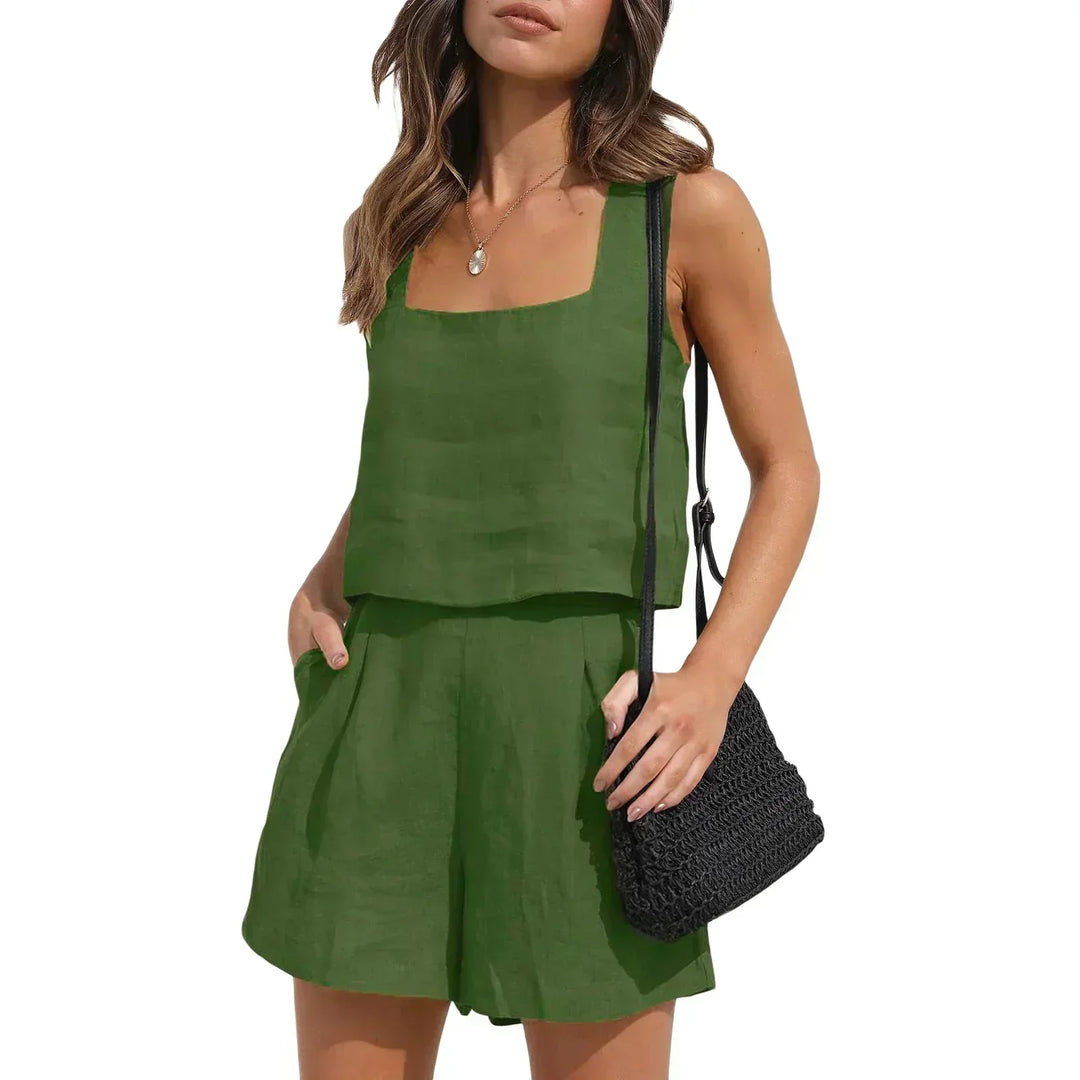 Emilia two-piece summer outfit set laid flat, showcasing stylish design and fabric