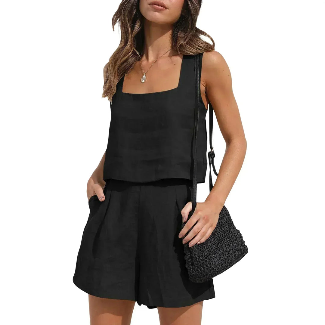 Full length image of women wearing Emilia two-piece summer outfit for warm weather