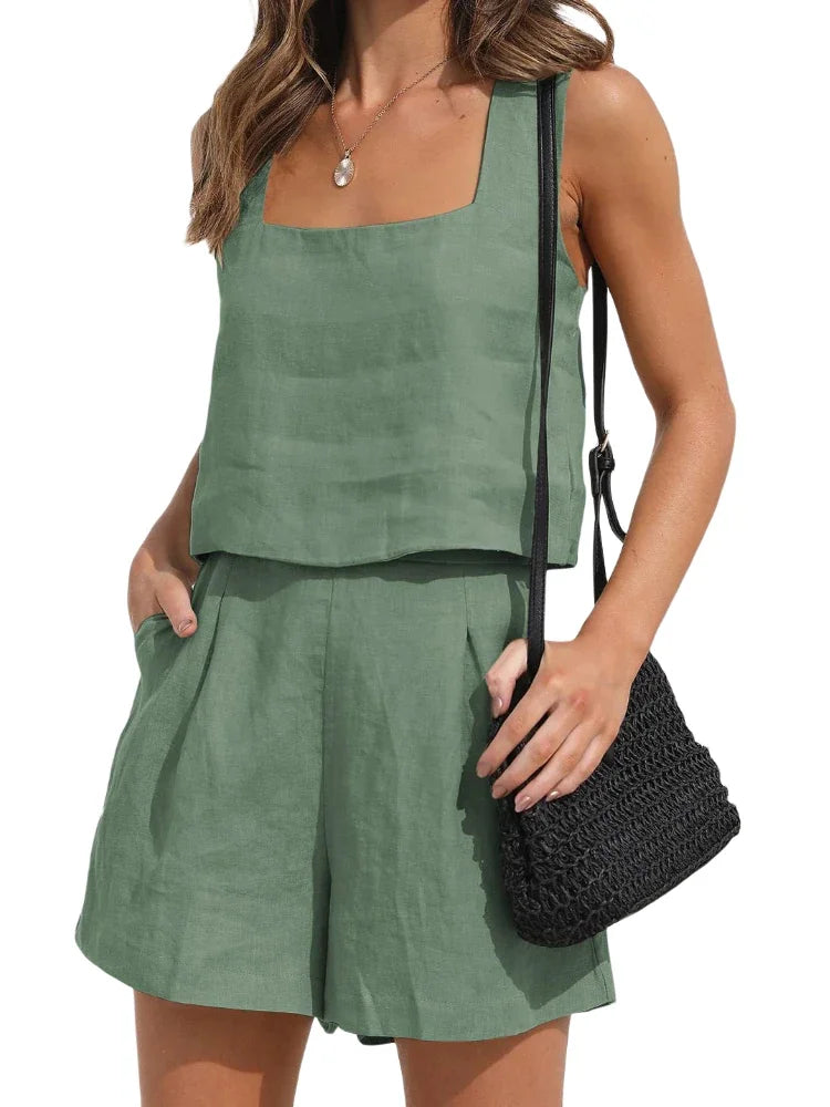 Model wearing a women's stylish Emilia two-piece summer outfit, perfect for leisure